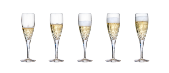 A collection of champagne glasses, off level, with, fizzy wine, as a birthday or New Year celebration with different amounts of fizzy frothy bubbles isolated on a transparent background 