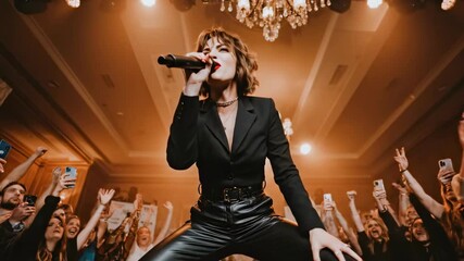 Energetic live performance with a dynamic singer at center stage as fans cheer under stage lights!! - Powered by Adobe