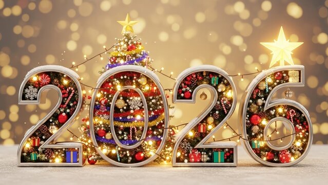 Festive 2026 numbers decorated with Christmas lights and ornaments