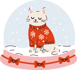 Cozy cat in a snow globe with a festive sweater