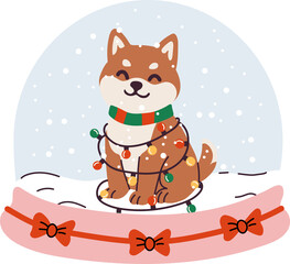 Shiba Inu wrapped in Christmas lights inside a snow globe