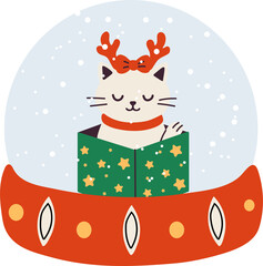 Cat in a snow globe wearing reindeer antlers and reading a book