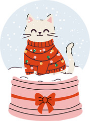 Happy cat in a snow globe with Christmas lights sweater