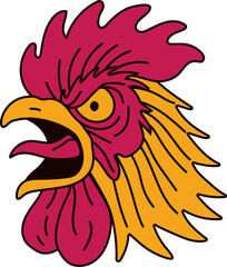 Angry Rooster Head with Yellow and Pink Feathers Design