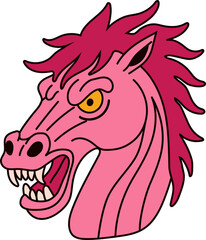 Fierce Pink Horse Head with Yellow Eyes and Wild Mane