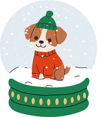 Puppy wearing a red sweater and green hat inside a snow globe