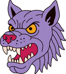 Angry Purple Wolf Head with Intense Expression and Fangs