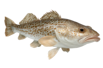 Golden Speckled Cod: An isolated close-up of a speckled cod fish showcases its unique patterns, textures, and the delicate details of its fins and gills.
