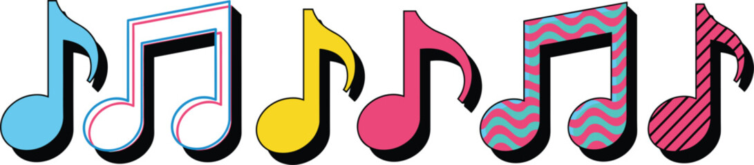 PrintPop Art Music Notes Vector Background with Colorful Retro 80s and 90s Style Graphics for Media and Party.