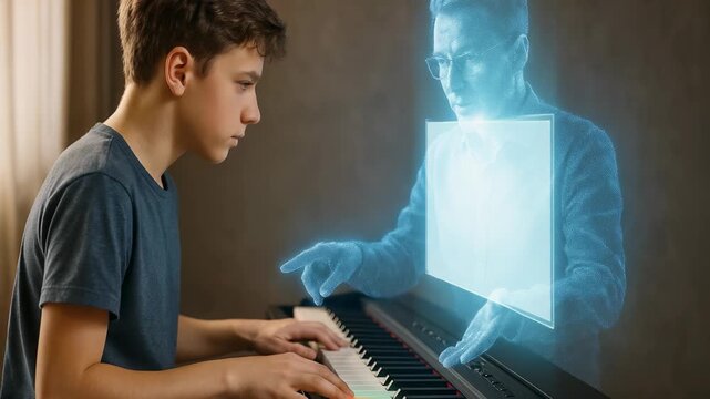 hologram of teacher teaches boy how to play piano. boy learns piano from holographic instructor. traditional music education with cutting-edge holographic technology. interactive digital instruction.