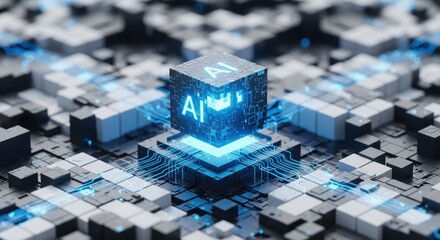 Futuristic AI processor cube with glowing circuits in digital grid