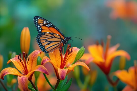Monarch butterfly sipping nectar from wildflowers and lilies in a sunlit perennial garden — close-up nature scene - Powered by Adobe