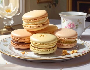 Elegant display of pastel macarons with a decorative tea cup in a sunlit setting