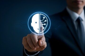 Businessman touching AI artificial intelligence human face tech icon