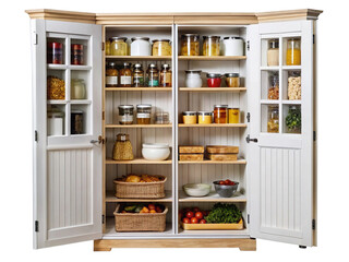 Open kitchen pantry cabinet filled with food and fresh items