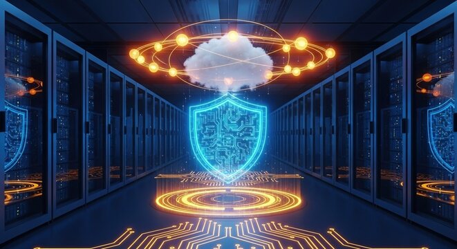 Futuristic cloud security shield with digital protection in server data center - Powered by Adobe