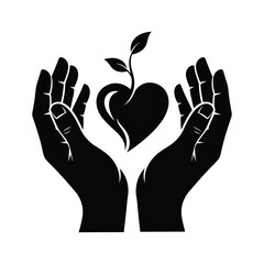 Hands holding a heart with a plant growing from it isolated on