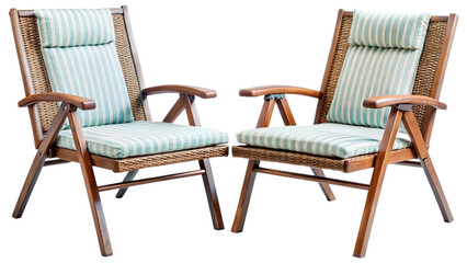 Two comfortable wooden garden chairs with striped cushions