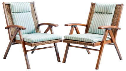 Two comfortable wooden garden chairs with striped cushions