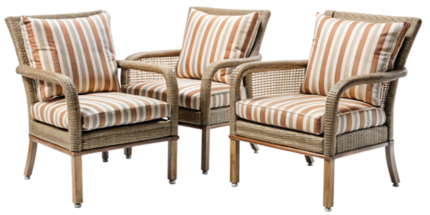 Three stylish outdoor woven armchairs with striped cushions