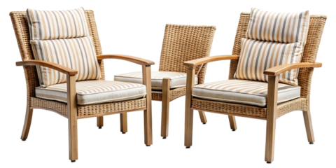 Three comfortable wicker patio chairs with striped cushioning