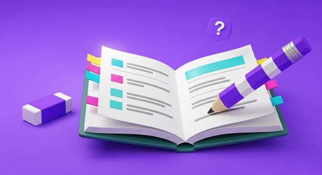 Colorful 3D open book with pencil and study notes on purple background