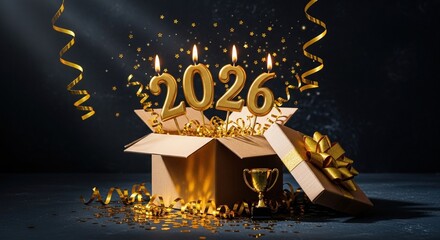 Golden 2026 celebration scene with open gift box and festive decorations
