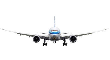 Fototapeta premium A commercial passenger airplane flying head-on isolated cutout transparent png
