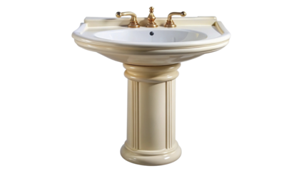 Vintage cream ceramic pedestal sink with shiny brass faucets