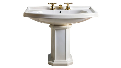 Classic white ceramic pedestal sink with elegant brass fixtures