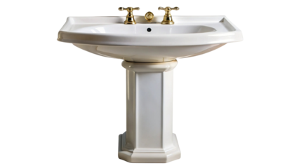 Classic white ceramic pedestal sink with elegant brass fixtures