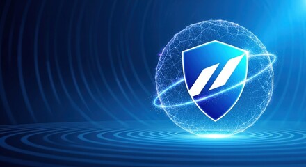 Glowing digital shield with spherical network security concept on blue backgroun