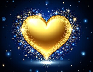 Elegant golden heart surrounded by sparkling lights against a dark blue background