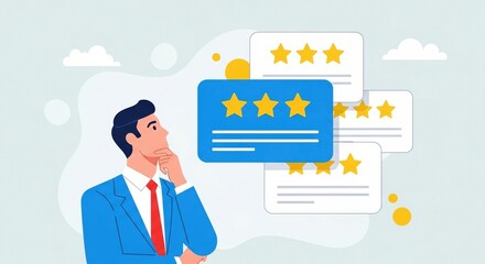 Businessman analyzing customer feedback and star ratings illustration