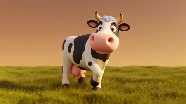 A cheerful cartoon cow with black and white spots standing in a grassy field.
