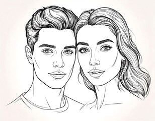 Elegant hand-drawn portrait of a stylish young couple in love illustration