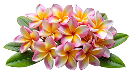 Vibrant tropical plumeria bouquet featuring pink and yellow