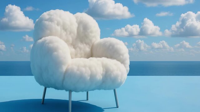 surreal scene of fluffy cloud designed as chair. creativity and dreamlike environments. video blend of fantasy and relaxation. whimsical cloud chair against background of blue sky, clouds and ocean.