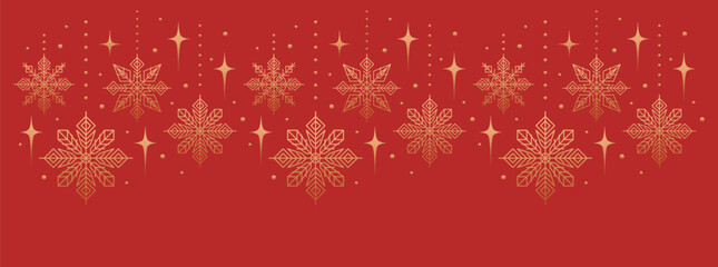 Christmas red background with gold snowflakes and stars. Xmas design for winter holidays, ads, sale. Vector illustration