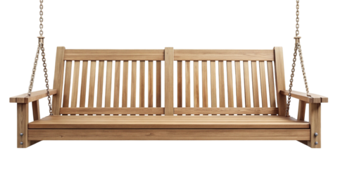 Classic wooden porch swing hanging by chains isolated