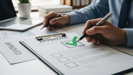 Close up of hands signing and approving a document with a green checkmark on a clipboard