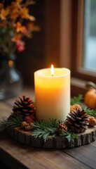 Cozy Autumn and Winter Decor Rustic Pine Cone Candle Still Life Photography
