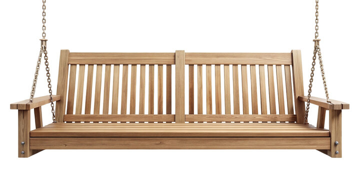 Classic wooden porch swing hanging by chains isolated