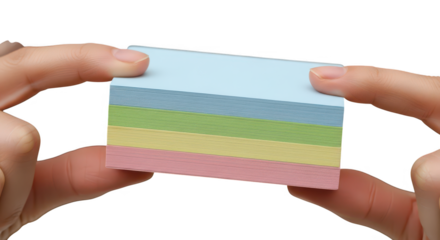 Two hands holding a small stack of colorful sticky notes isolated on white background