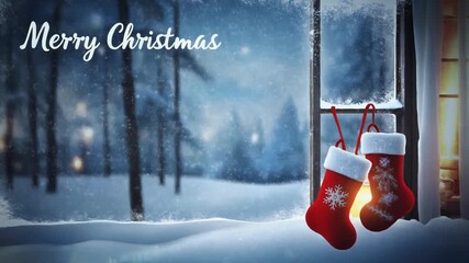 Two Christmas stockings hang on a snowy window overlooking a winter forest scene with "Merry Christmas" text.