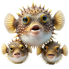 Adorable spiky pufferfish trio with wide eyes and open mouth