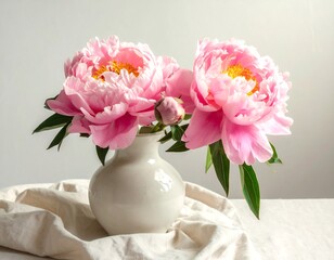 Elegant peony arrangement in a white vase for a delicate and serene ambiance