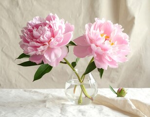 Elegant pink peonies in a glass vase on a textured surface creating soft aesthetic