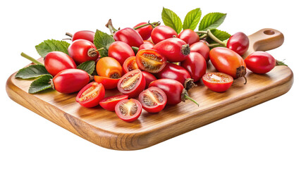 Fresh whole and halved rose hips with leaves on wooden board