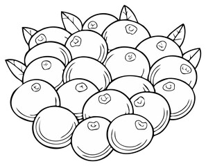 Simple black and white line art of a pile of fresh blueberries with leaves for coloring.